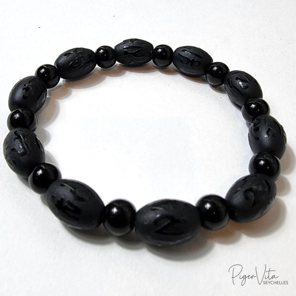 Black Obsidian w/ Black Chalcedony Almond-Shape Beads Bracelet w/ TM