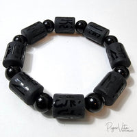 Black Obsidian w/ Black Chalcedony Cylinder Beads Bracelet w/ TM (Large)