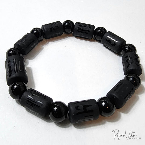 Black Obsidian w/ Black Chalcedony Cylinder Beads Bracelet w/ TM (Small)