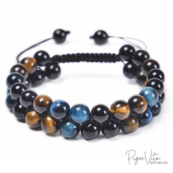 Blue Tiger's Eye, Yellow Tiger's Eye and Black Agate 8mm Double Beaded Bracelet