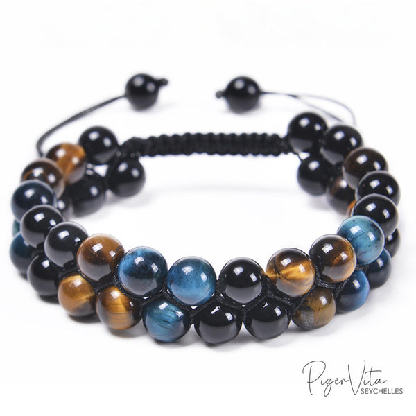 Blue Tiger's Eye, Yellow Tiger's Eye and Black Glass 8mm Double Beaded Bracelet