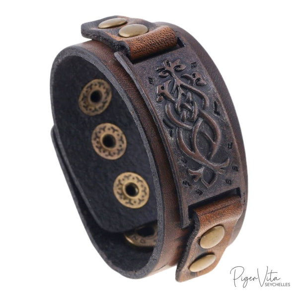 Brown Strap Filigree Design Plate Genuine Leather Bracelet