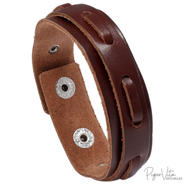 Double-Layer Woven-Style Strap on Genuine Brown Leather Bracelet