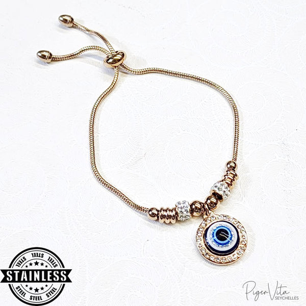 Evil Eye with Rhinestones Pendant Stainless Steel Chain Adj. Bracelet- Rose Gold