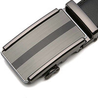 Genuine Leather Smooth Black Ratchet Belt with Single Stripe Grey and Black Box Frame Buckle