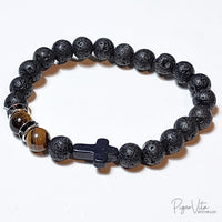 Lava with Tiger’s Eye (8mm) Beads Bracelet w/ Cross