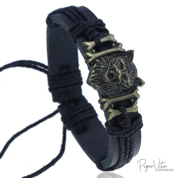 Leather Black Sliding Knot Bracelet with Gold Wolf Charm