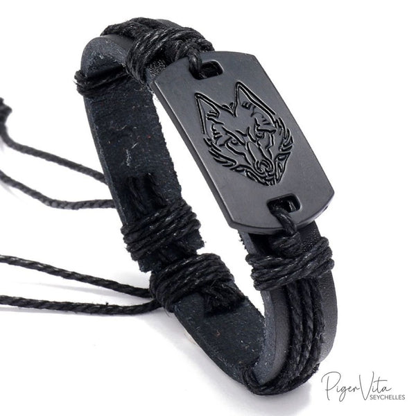 Leather Black Sliding Knot Bracelet with Wolf on Slab Charm