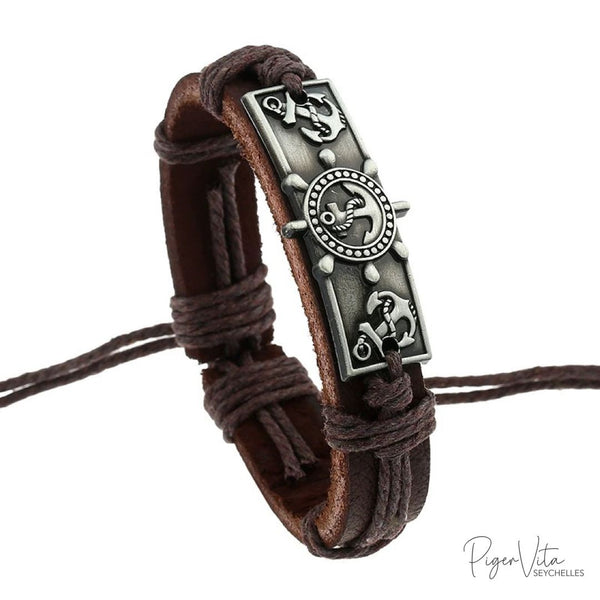 Leather Brown Sliding Knot Bracelet with Anchor Slab Charm