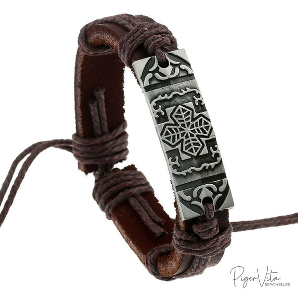 Leather Brown Sliding Knot Bracelet with Filigree Cross Slab Charm