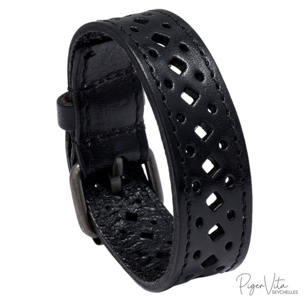 Plain Black Breathable Strap Genuine Leather Bracelet