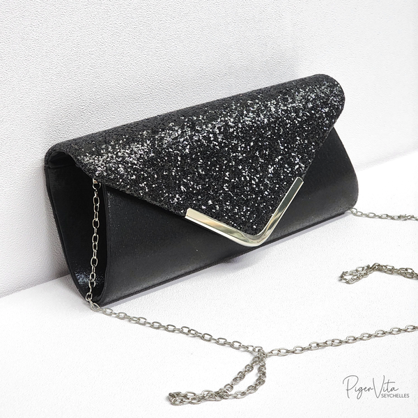 Sequin Stunner with Satin Wrap Clutch- Black