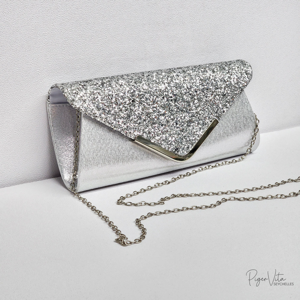 Sequin Stunner with Satin Wrap Clutch- Silver
