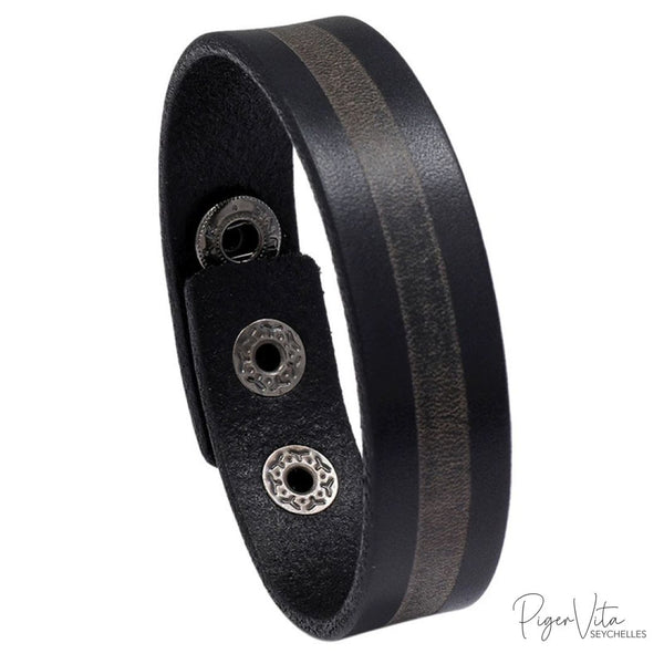 Simple Black Strap with Brown Stripe on Genuine Leather Bracelet