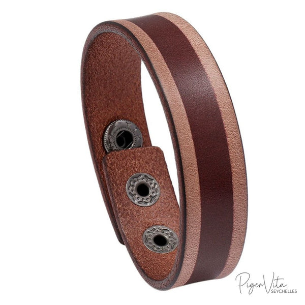 Simple Brown Strap with Stripe on Genuine Leather Bracelet