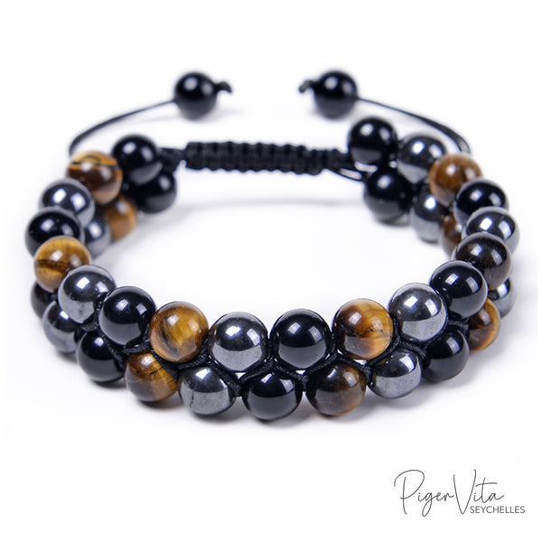 Tiger's Eye, Hematite and Black Agate Double Beaded Bracelet