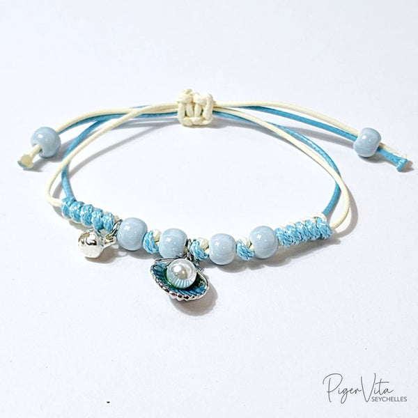 Tranquil Tones Blue Sliding Knot with Blue Oyster Charm and Ceramic Beads Bracelet