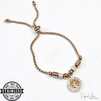 Tree of Life with Rhinestones Pendant Stainless Steel Chain Adj. Bracelet- Rose Gold