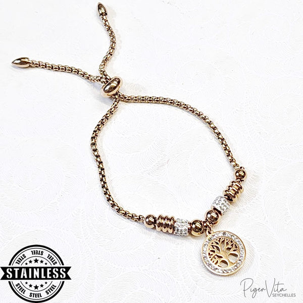 Tree of Life with Rhinestones Pendant Stainless Steel Chain Adj. Bracelet- Rose Gold