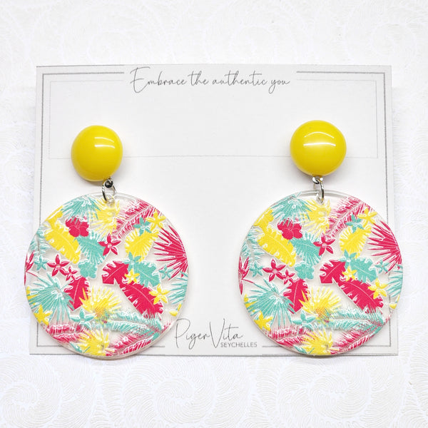 Tropical Disc Embossed Acrylic Dangling Earrings