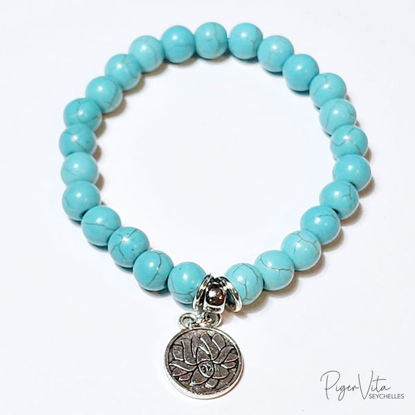 Turquoise Natural Stone Beaded Bracelets with Lotus Flower Charm