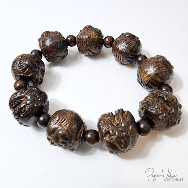 Vietnamese Agarwood 20mm Dragon Head Beaded Brown Bracelet